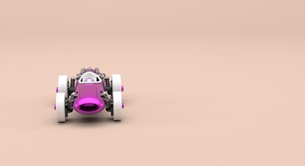 vintage pink racing car with white accents, gray and chrome engine, banner, workshop business card, car in workshop (3d illustration)