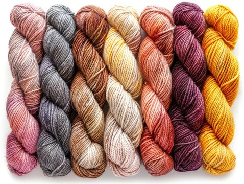 A collection of yarn in various colors and textures, white background