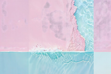 Abstract background with turquoise water and pink coastline. Top view. Texture wallpaper. Flyer, promo, backdrop for travel, vacation, surfing school, resort, hotel, spa with space for text