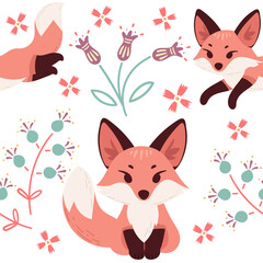 Seamless pattern cute red fox cartoon animal design vector illustration on white background