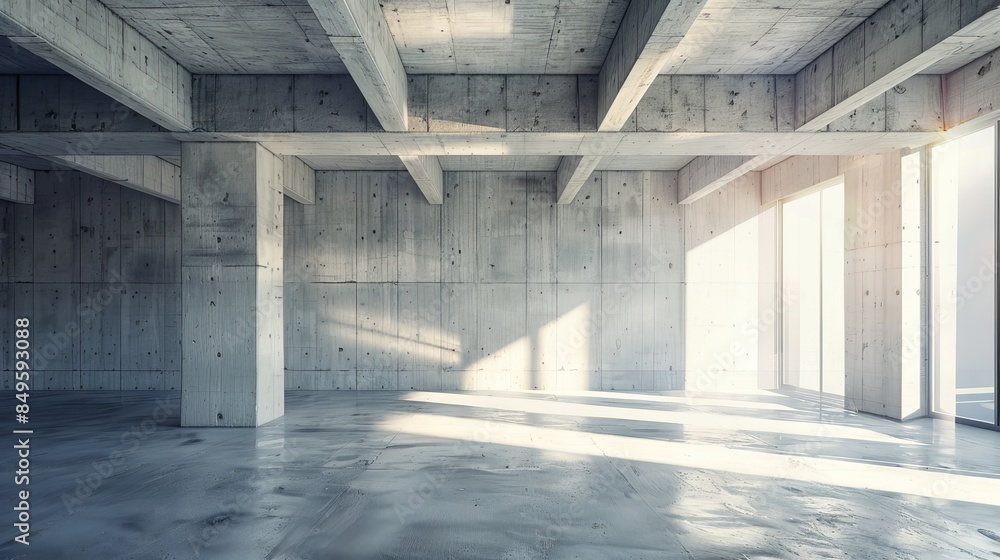 Poster An empty concrete modern architecture interior with sunlight filtering through large windows, an abstract concept for wallpaper and a potential best-seller background