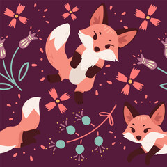 Seamless pattern cute red fox cartoon animal design vector illustration on red background
