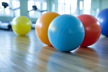 Row of Colorful Exercise Balls in Gym