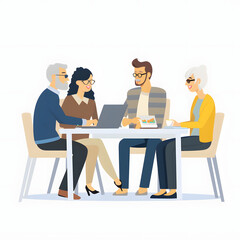 a multi generational group of coworkers collaborating in a modern office, working together on tasks and discussing project solutions isolated on white background, flat design, png