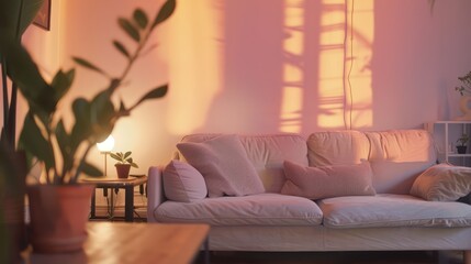 clean, white living room with touches of mauve and muted rose