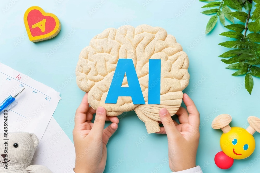 Canvas Prints Creative 3D illustration of a brain made of clay with AI letters, representing cognitive science, technology, and artificial intelligence in an artistic and educational context.