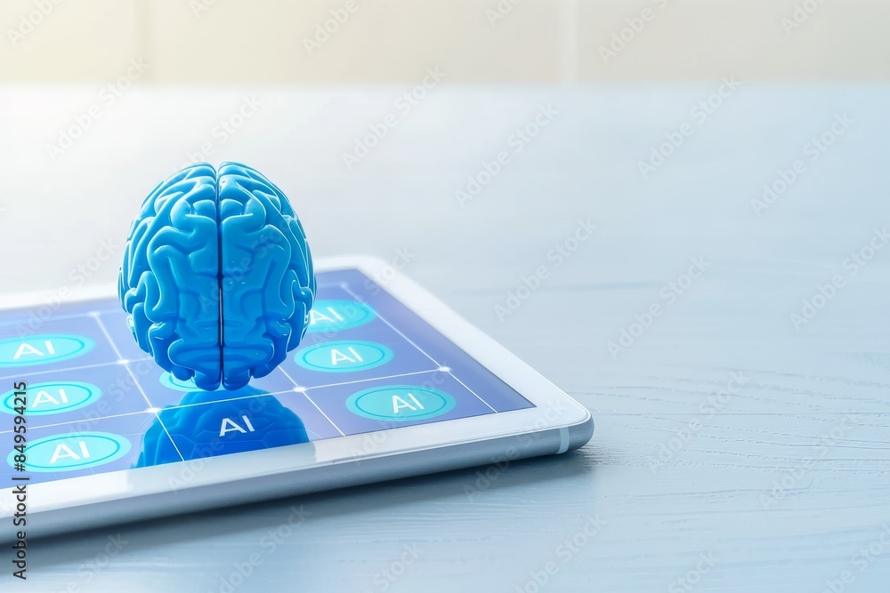 Poster blue brain model on a digital tablet, representing ai technology, cognitive science, and smart appli