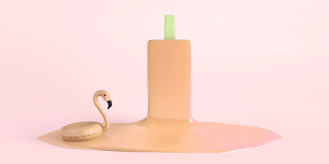 Flamingo float floating on melted strawberry ice cream. Summer concept. Copy space. 3D illustration.