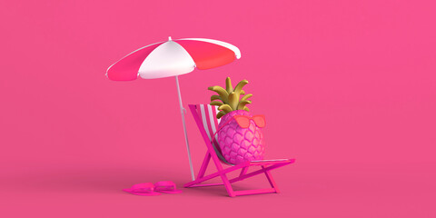 Summer vacation concept with pineapple with sunglasses on beach chair. Copy space. 3D illustration.
