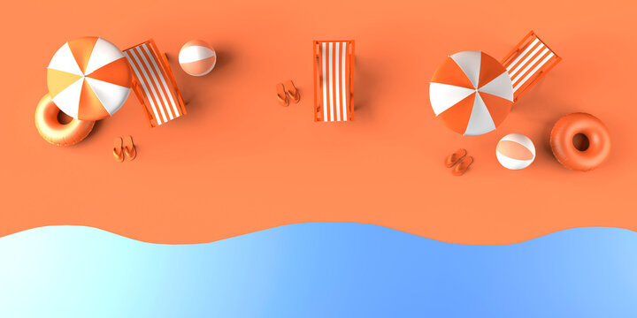 Summer vacation concept with sun loungers, umbrellas, flip flops and floats on the seashore. Copy space. 3D illustration.