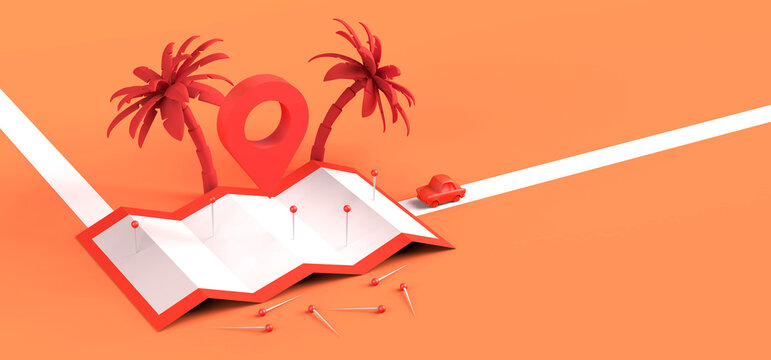 Summer vacation search concept with map, tree palms and car. Copy space. 3D illustration.