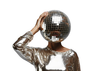 A fashionable woman wearing a silver outfit poses putting a vintage disco ball on her head, set against a transparent background. 