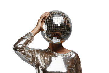 A fashionable woman wearing a silver outfit poses putting a vintage disco ball on her head, set against a transparent background. 