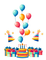 Vertical greetings card design with birthday cake cone hats gift boxes and balloons vector illustration isolated on white background