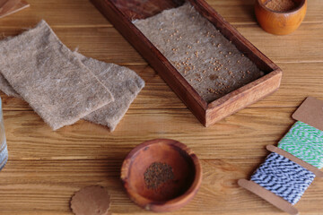 Wooden tray with microgreen seeds on jute mat, process of planting seeds in vegetable garden. Microgreen sowing equipment on the table