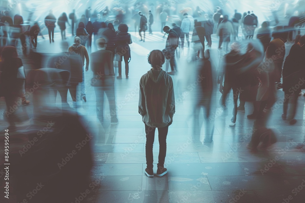 Fototapete A single person stands in a crowded room, their figure in sharp focus while the surrounding crowd is blurred, emphasizing their isolation. Generative AI