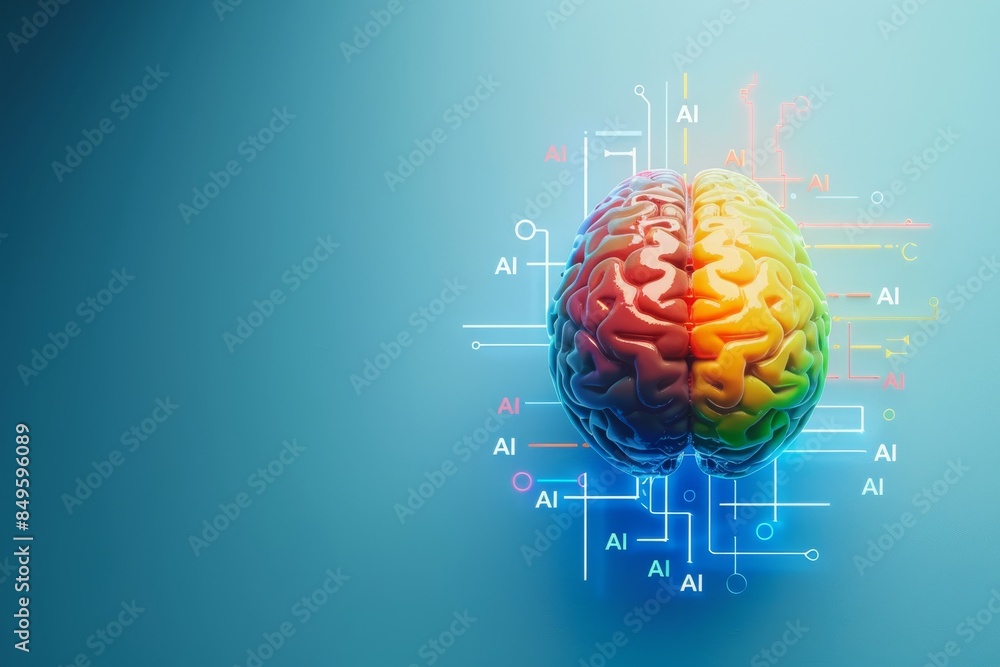 Poster colorful 3d illustration of a brain with circuit connections symbolizing advanced ai technology, cog