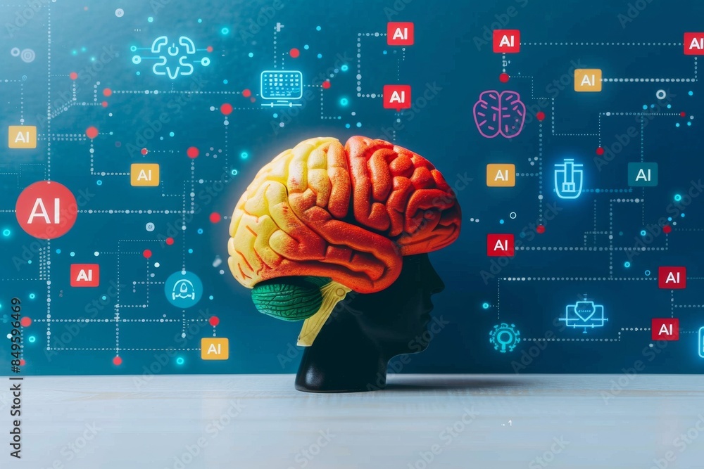 Poster futuristic brain model with digital elements on a blue background, representing ai technology, cogni