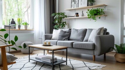 Fototapeta premium Modern Living Room Interior with Green Plants, Generative AI