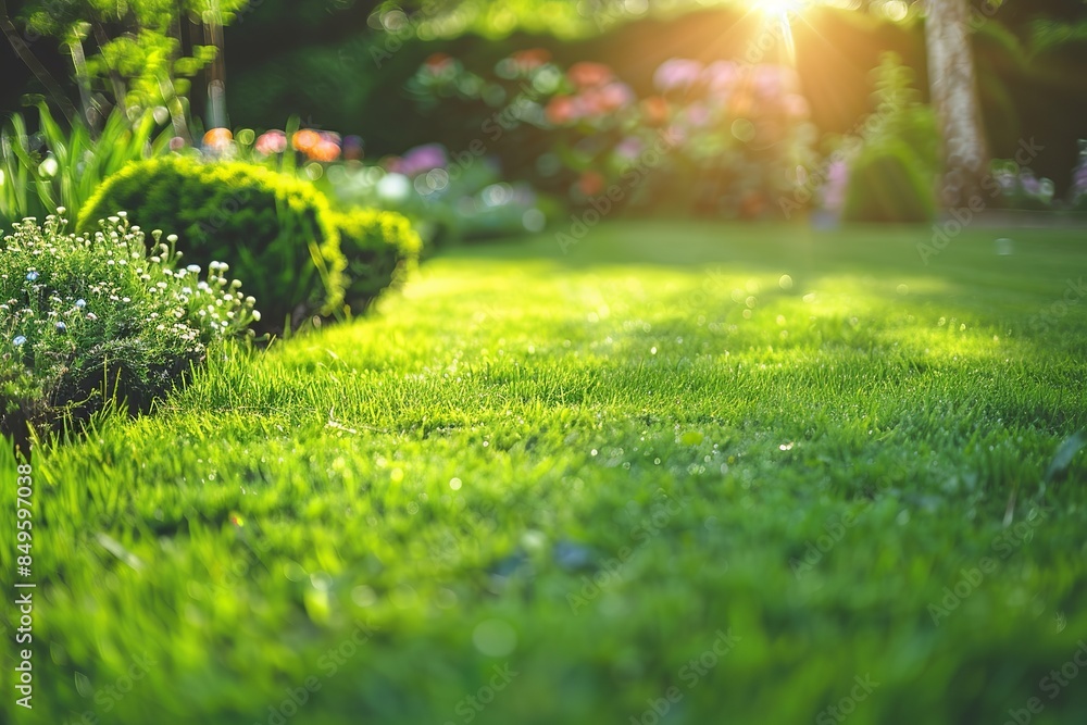 Wall mural An enchanting morning garden scene with dew and sunlight provides a peaceful background and abstract wallpaper, a potential best-seller