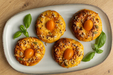Cheese round buns on a rectangular plate	
