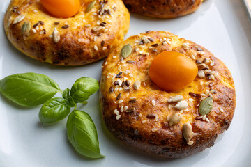 Cheese round buns on a rectangular plate	