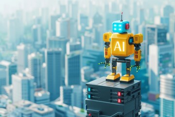 Futuristic cityscape with AI robot, symbolizing advanced artificial intelligence, urban technology, and smart innovations in a modern metropolis setting.