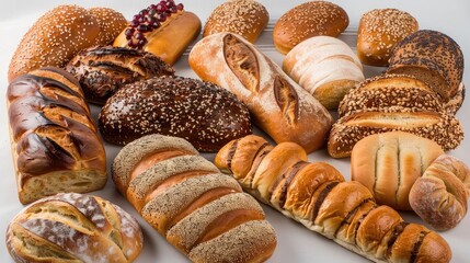 Assorted bakery items such as bread loaves and rolls