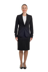 full body picture of happy young business woman standing on white background