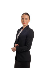 full body picture of happy young business woman standing on white background.