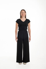 full body picture of happy young business woman standing on white background