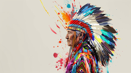 Obraz premium Indigenous elder adorned in a vibrant traditional headdress. Concept for Native American Day, Native American Heritage Month and International Day of the World's Indigenous Peoples.