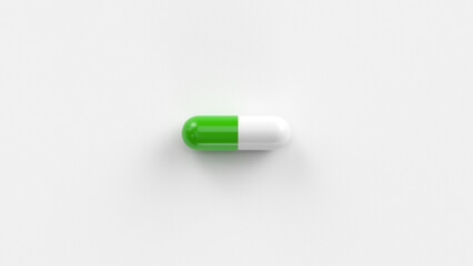 White green single pill isolated on a white background. Tablet, pill capsule top view, flat lay. 3d render illustration 