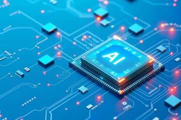 High tech AI microchip on a circuit board, symbolizing advanced artificial intelligence, data processing, and smart computing in modern digital environments.
