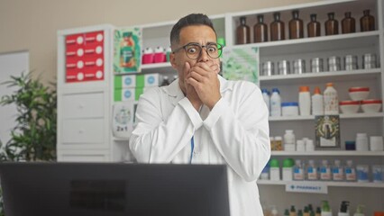 Young hispanic man, pharmacist in uniform, shocked covering mouth with hands due to mistake at pharmacy secret revealed