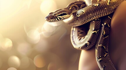 Detailed closeup of python wrapped around human arm, its intricate patterns and textures against blurred natural backdrop with warm lighting.