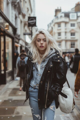 Obraz premium A stylish woman in a leather jacket and casual outfit walks confidently through a bustling city street, embodying urban fashion and youthful energy