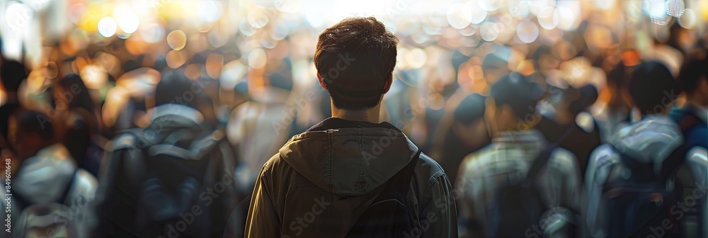 Aufkleber A single man stands in a crowded room, with the blurry background emphasizing his isolation. Generative AI