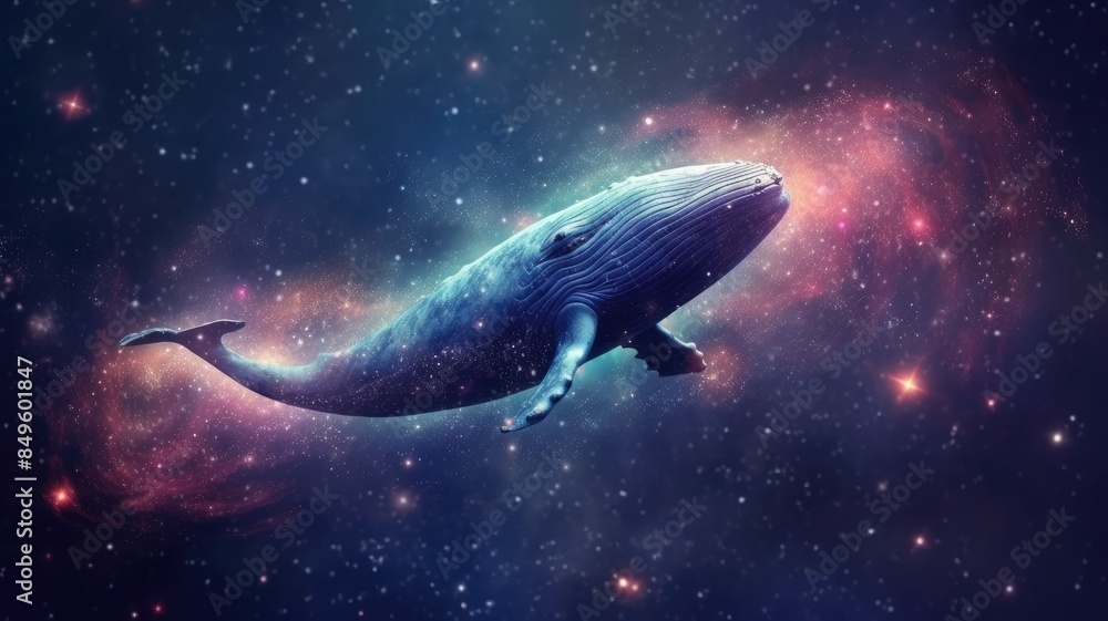 Aufkleber surreal art design of a whale floating in space with a cosmic background and starry sky. digital art