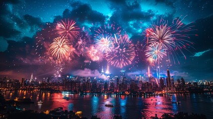 Fototapeta premium Fireworks Over New York City Skyline at Night