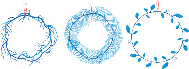Three blue wreaths made branches, palm leaves, leaf vines depicted, adorned red loop top hanging. Minimalist style, digitally drawn, isolated white background, Christmas wreath decoration