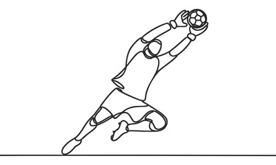 Single continuous line drawing of Male soccer player goalkeeper catching ball in jump. one line draw design graphic vector illustration.