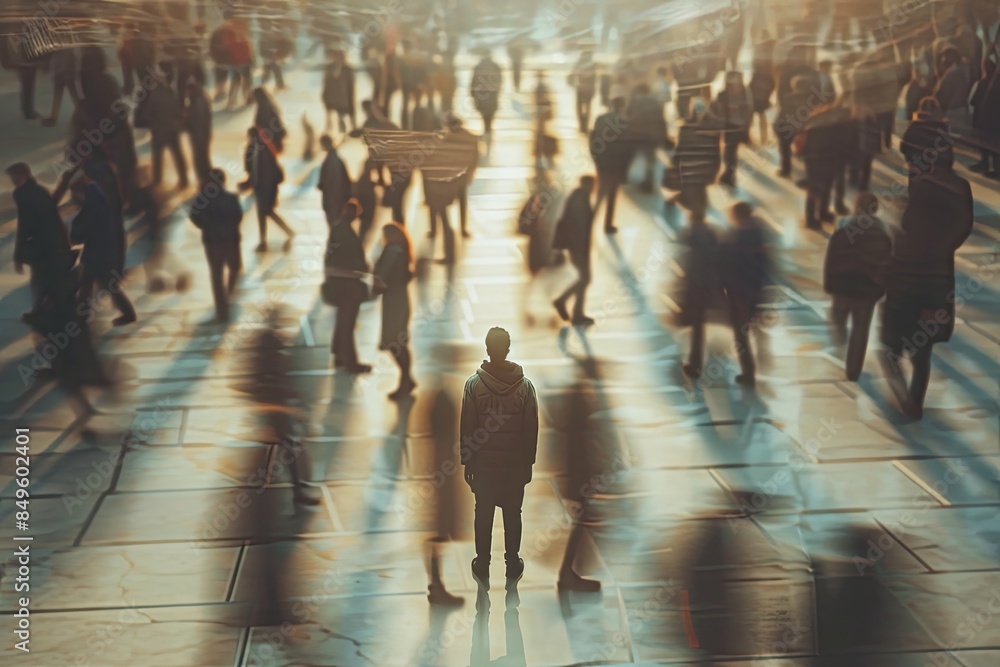 Poster a lone person stands in the middle of a bustling city square, surrounded by a blurred crowd, emphasi