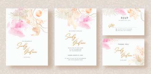 gold palm leaves vector shapes with splash painting on wedding invitation background