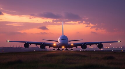 An airplane on the runway at sunset, ready for takeoff against a vivid evening sky with glowing lights.