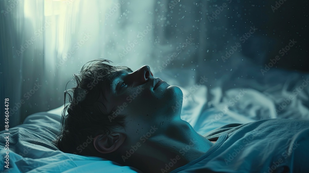 Poster a man lying on a bed in a dimly lit room, looking up at the ceiling with a vacant expression. the so