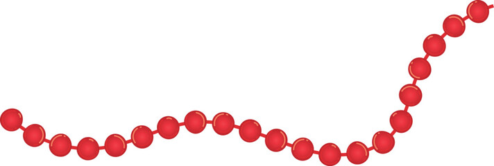 Red bead necklace isolated white background. Material appears be plastic glass. Spherical beads connected string wire component arranged curved pattern