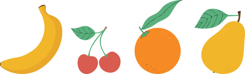 Vector set of fruits. Banana, orange, pear, cherry - isolated on a transparent background.