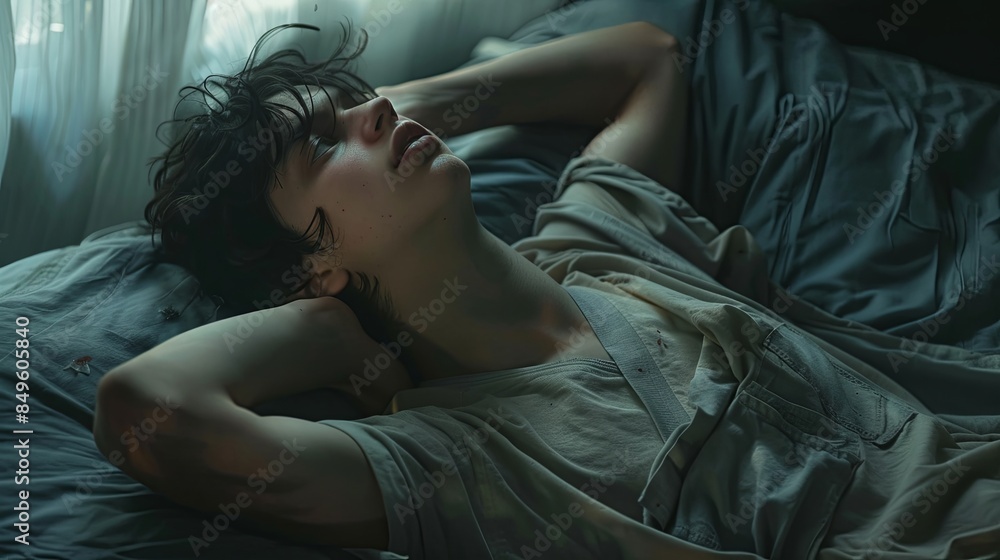 Poster a young man lies on a bed in a dimly lit room, staring up at the ceiling with a blank expression. ge