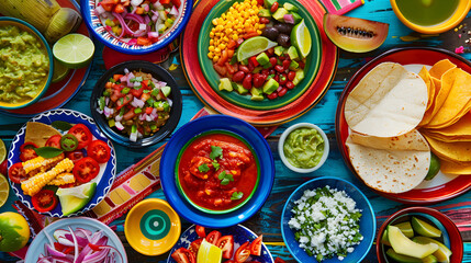 Fototapeta premium Mexican fiesta table with spread of tacos, guacamole, and salsa